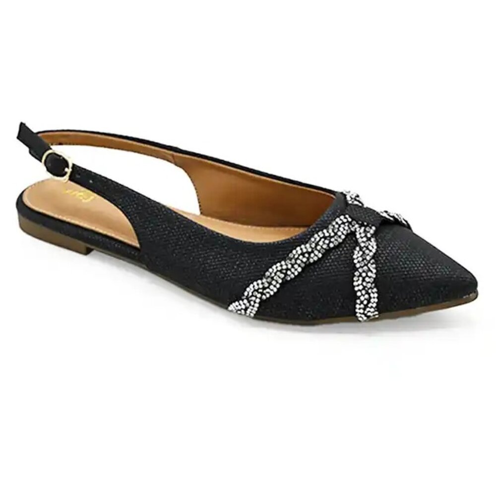 Chic Black Slingback Flats with Crystal Strap | Pointed Toe Evening Shoes